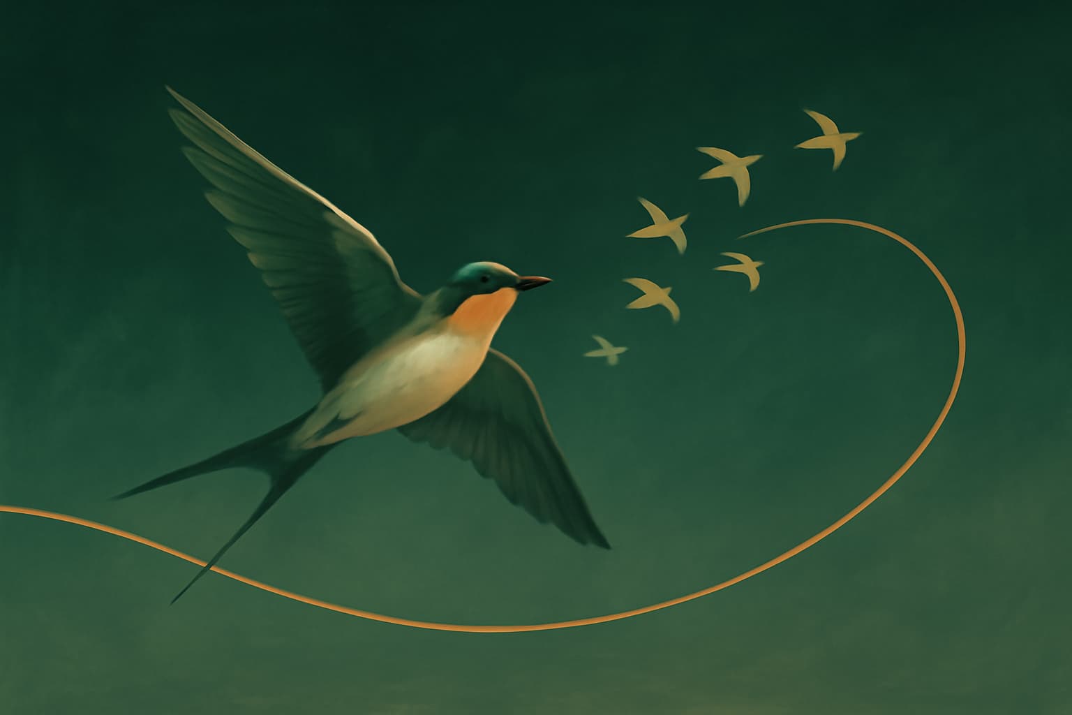 A FastBird swift leading a flight along a golden route across the sky